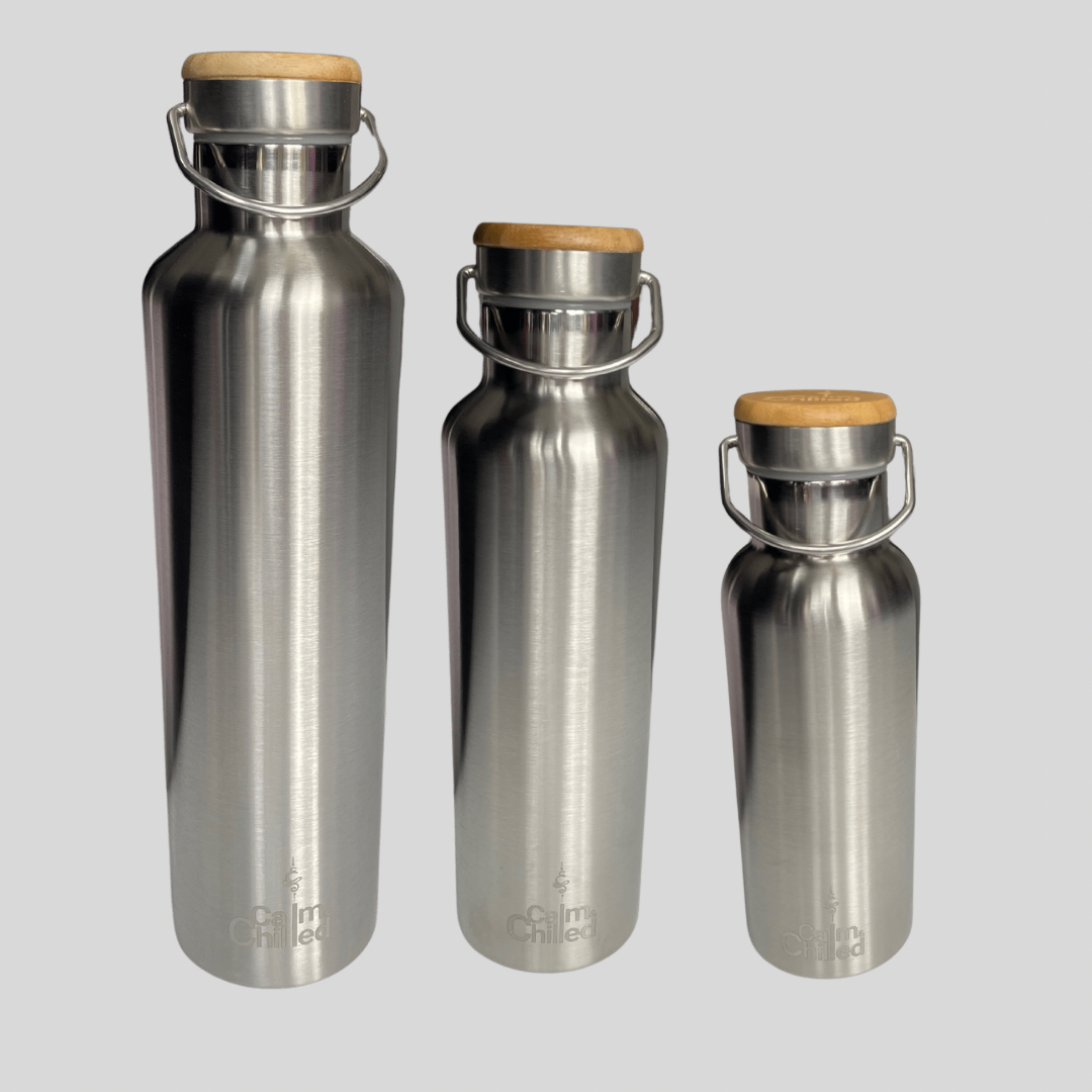 Calm & Chilled Bamboo Top Insulated Stainless Steel Water Bottle with carry loop. 3 sizes available. Free Personalisation!