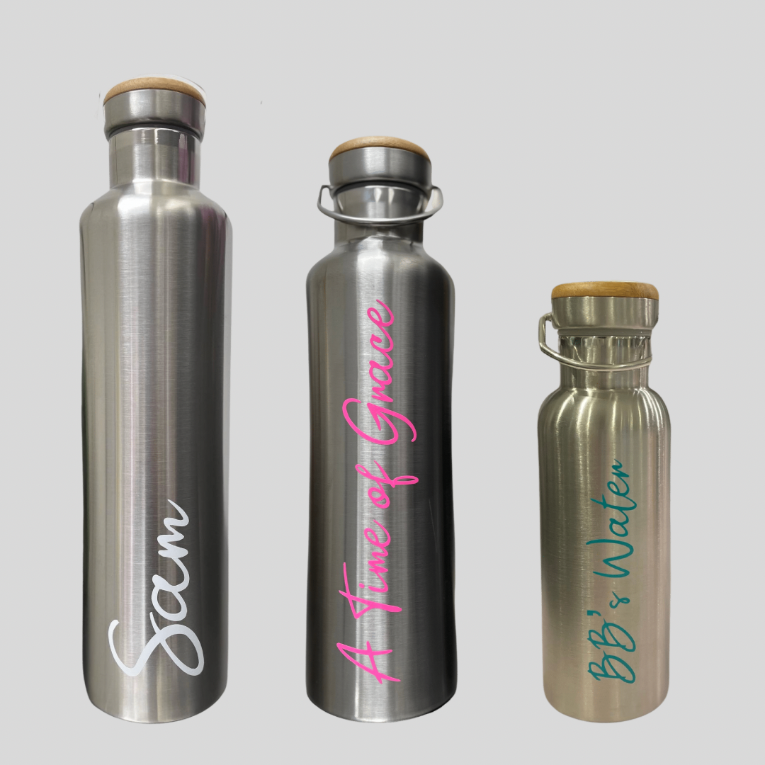 Calm & Chilled Bamboo Top Insulated Stainless Steel Water Bottle with carry loop. 3 sizes available. Free Personalisation!