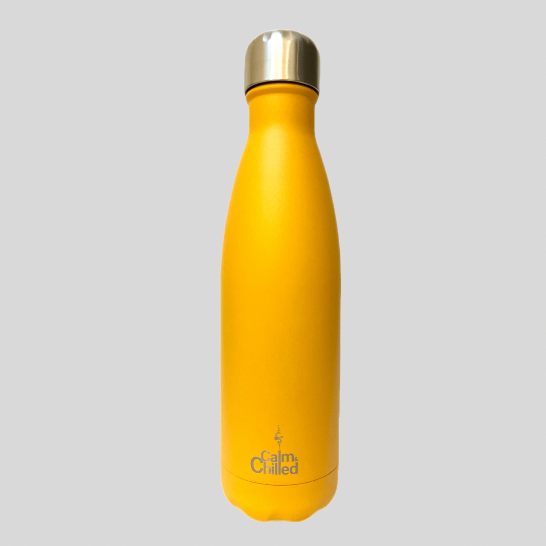 Calm & Chilled Vacuum Insulated 500ml Stainless Steel Water Bottle in Hammered Yellow 500ml. Free Personalisation