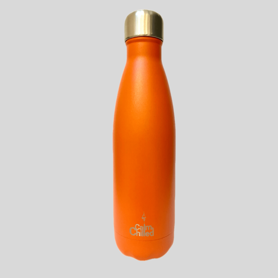 Calm & Chilled Vacuum Insulated 500ml Stainless Steel Water Bottle in Hammered Orange 500ml. Free Personalisation