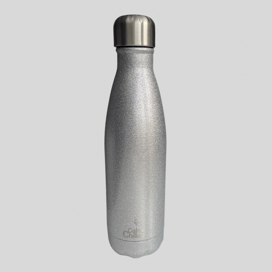 Calm & Chilled Vacuum Insulated 500ml Stainless Steel Water Bottle in Silver Glitter 500ml.