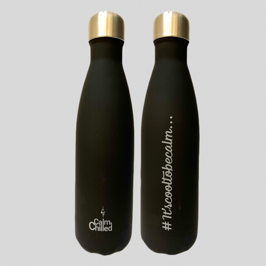 Calm & Chilled Vacuum Insulated 500ml Stainless Steel Water Bottle in Black Rubber Finish 500ml. Free Personalisation