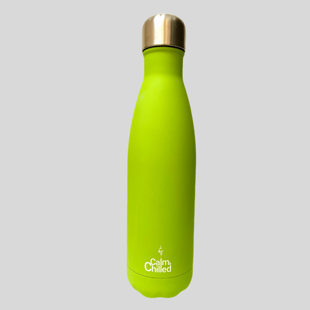 Calm & Chilled Vacuum Insulated 500ml Stainless Steel Water Bottle in Green Rubber Finish 500ml. Free Personalisation