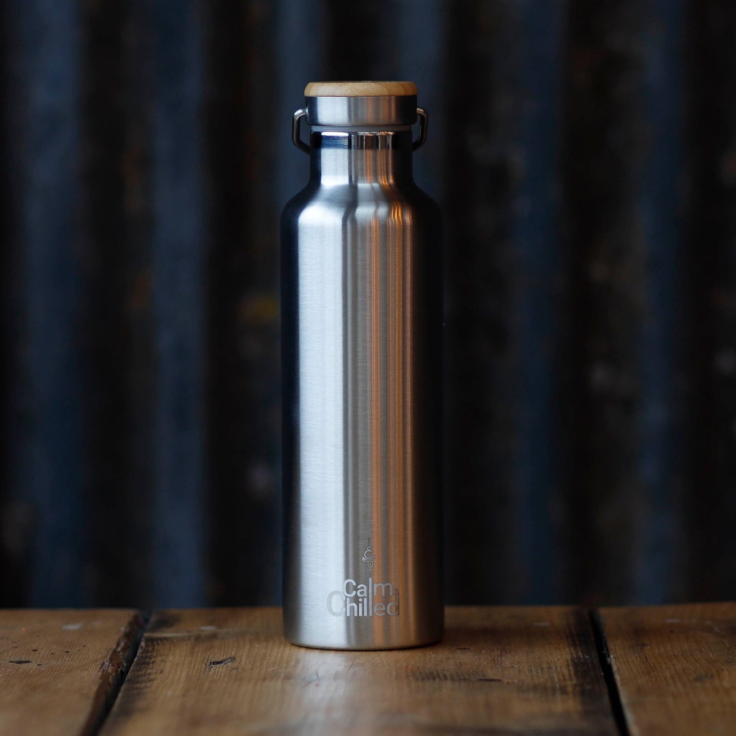 Calm & Chilled Bamboo Top Insulated Stainless Steel Water Bottle with carry loop. 3 sizes available. Free Personalisation!