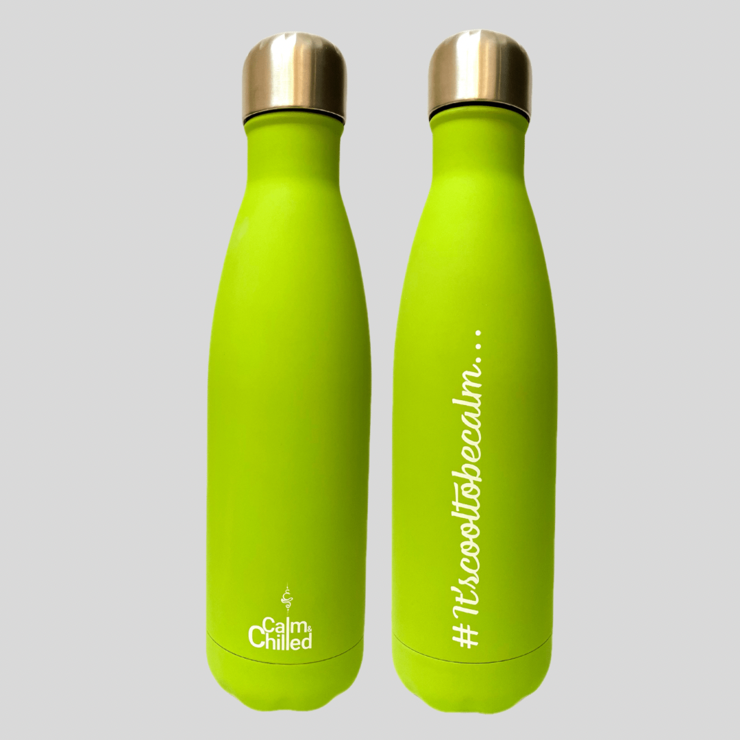 Calm & Chilled Vacuum Insulated 500ml Stainless Steel Water Bottle in Green Rubber Finish 500ml. Free Personalisation