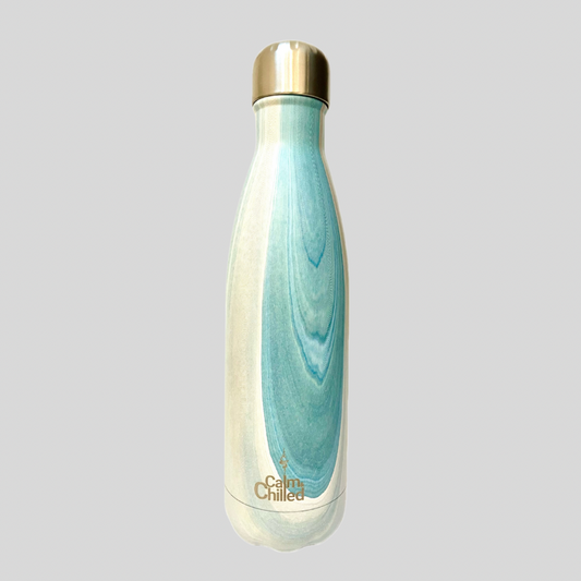 Calm & Chilled Vacuum Insulated 500ml Stainless Steel Water Bottle in Pale Green Wood Print 500ml. Free Personalisation