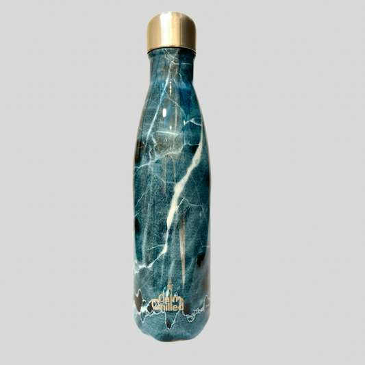 Calm & Chilled Vacuum Insulated 500ml Stainless Steel Water Bottle in Blue Grey Marble Print 500ml. Free Personalisation