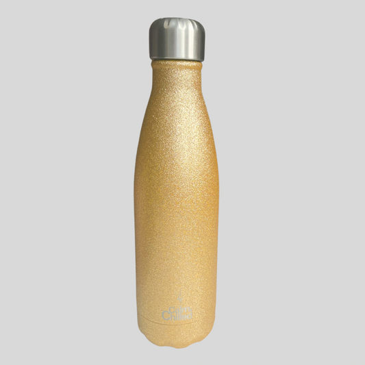 Calm & Chilled Vacuum Insulated 500ml Stainless Steel Water Bottle in Gold Glitter 500ml.