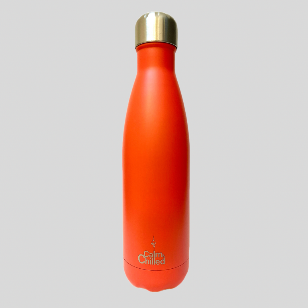 Calm & Chilled Vacuum Insulated 500ml Stainless Steel Water Bottle in Matte Orange 500ml. Free Personalisation