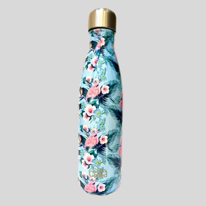 Calm & Chilled Vacuum Insulated 500ml Stainless Steel Water Bottle in Floral Flamingo Print 500ml. Free Personalisation