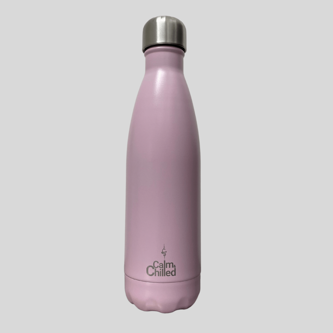 Calm & Chilled Vacuum Insulated 500ml Stainless Steel Water Bottle in Hammered Baby Pink 500ml. Free Personalisation