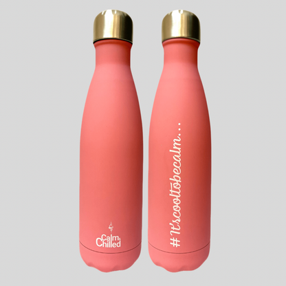 Calm & Chilled Vacuum Insulated 500ml Stainless Steel Water Bottle in Pink Rubber Finish 500ml. Free Personalisation