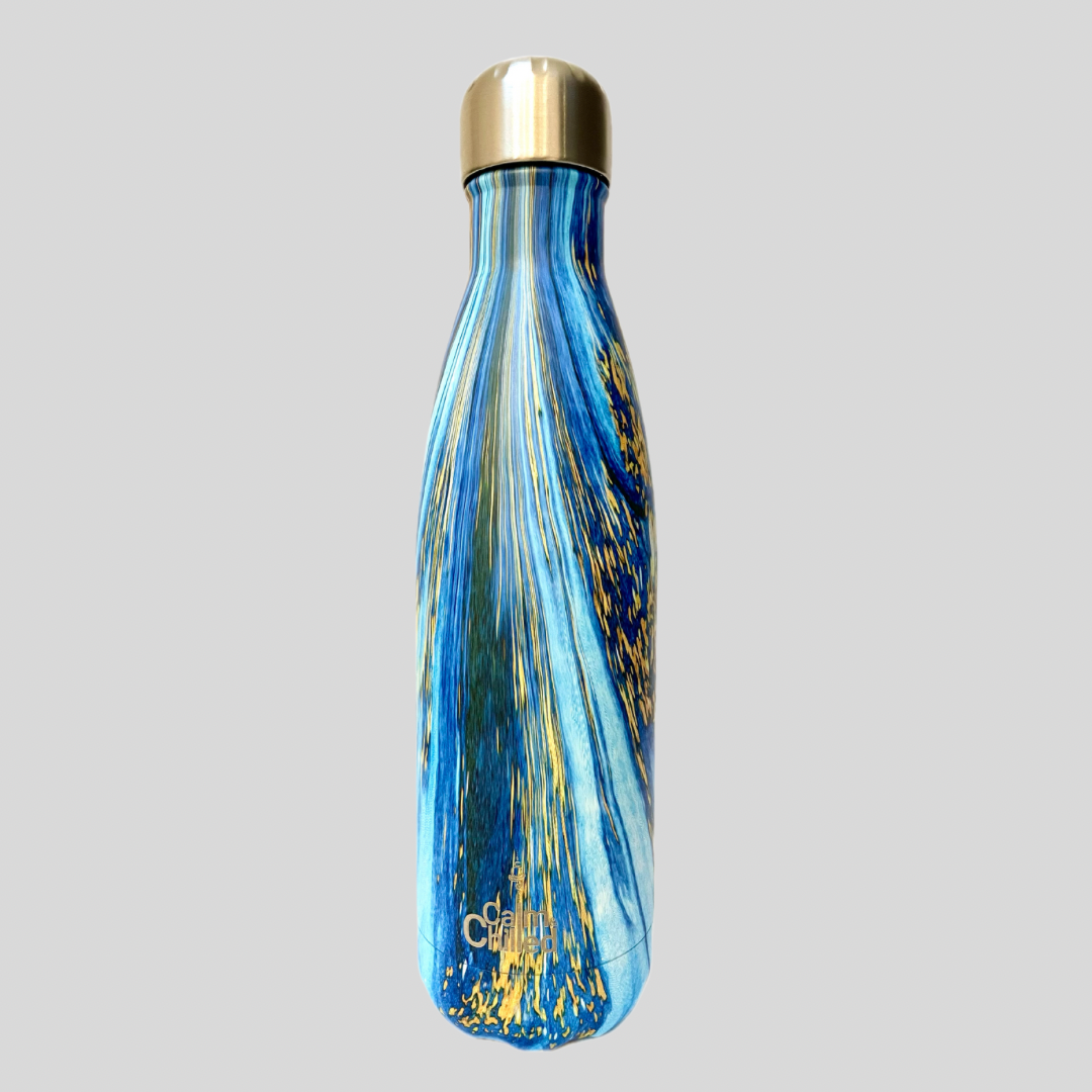 Calm & Chilled Vacuum Insulated 500ml Stainless Steel Water Bottle in Blue Water 500ml. Free Personalisation