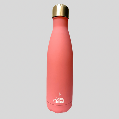 Calm & Chilled Vacuum Insulated 500ml Stainless Steel Water Bottle in Pink Rubber Finish 500ml. Free Personalisation