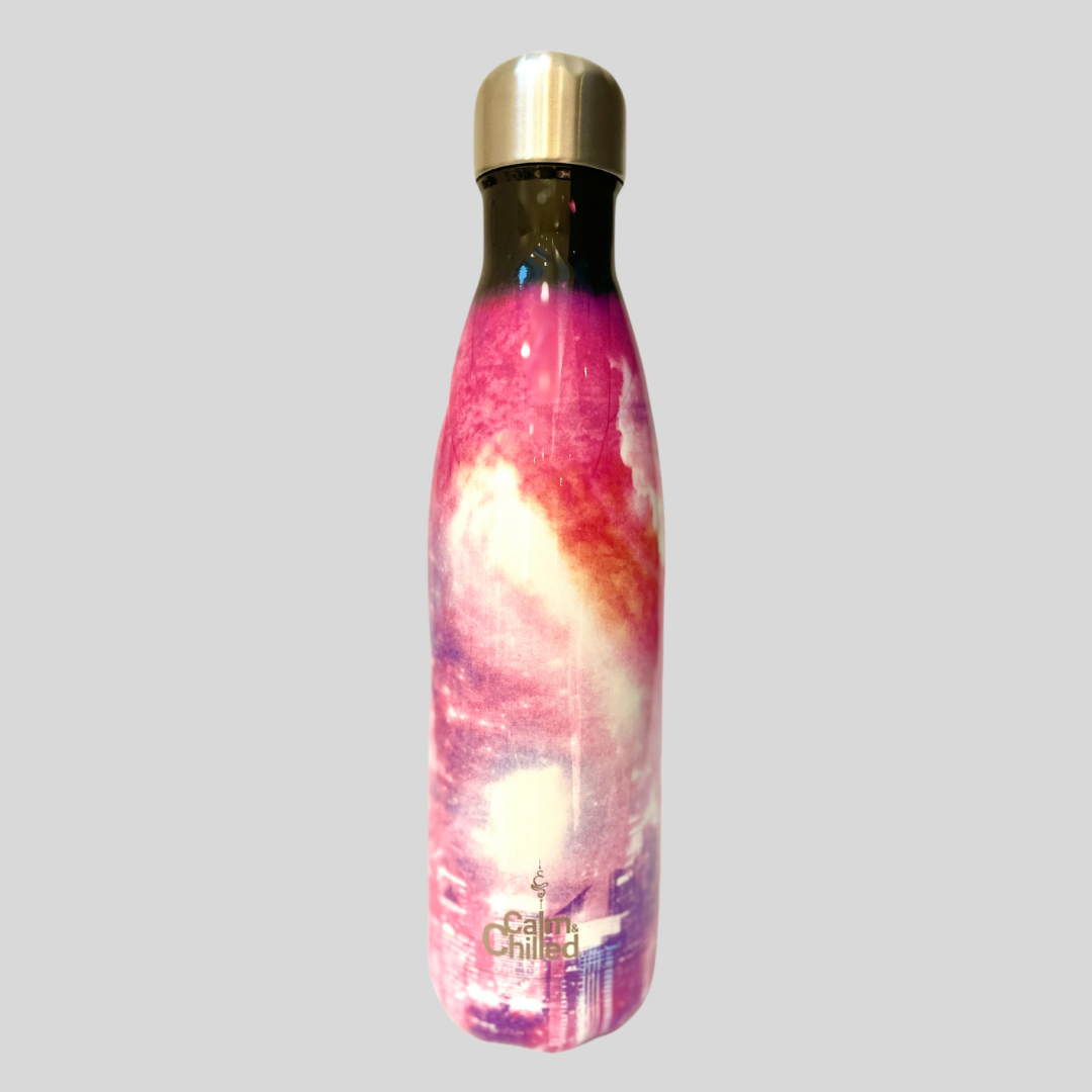 Calm & Chilled Vacuum Insulated 500ml Stainless Steel Water Bottle in Black Pink Night Sky 500ml. Free Personalisation