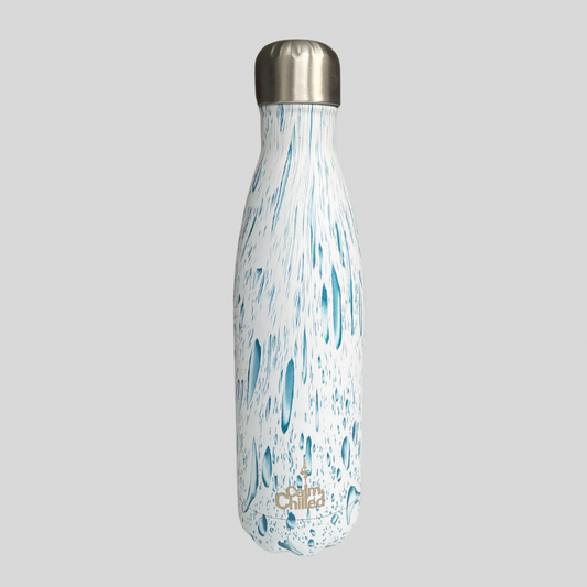 Calm & Chilled Vacuum Insulated 500ml Stainless Steel Water Bottle in Water Drops Print 500ml. Free Personalisation